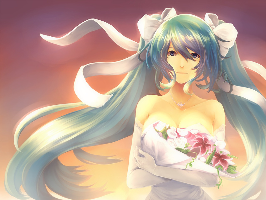 aerlai aqua_hair bare_shoulders blue_eyes bouquet bow breasts cleavage crossed_arms dress elbow_gloves flower gloves hair_bow hair_ribbon jewelry large_breasts league_of_legends long_hair necklace ribbon smile solo sona_buvelle strapless strapless_dress twintails very_long_hair wedding_dress white_dress white_gloves