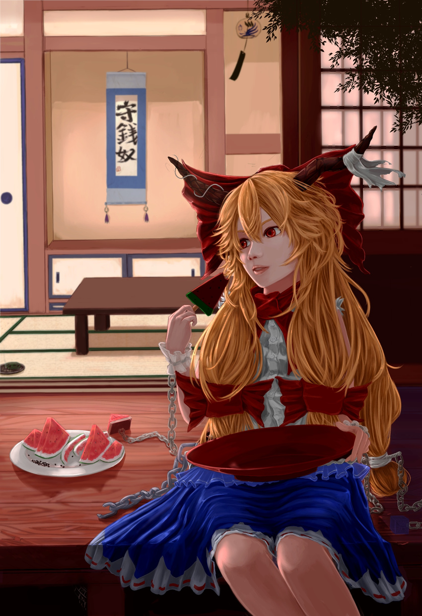 bad_id bad_pixiv_id blonde_hair bow chain chaki_(emeraldia) commentary_request cube cup food fruit hair_bow highres horn_ribbon horns ibuki_suika lips long_hair looking_away low-tied_long_hair mosquito_coil nose parted_lips plate popsicle pyramid_(geometry) red_eyes ribbon sakazuki scroll shirt sitting skirt sleeveless sleeveless_shirt sliding_doors solo table tatami touhou tree_branch veranda watermelon watermelon_bar watermelon_seeds wind_chime wrist_cuffs