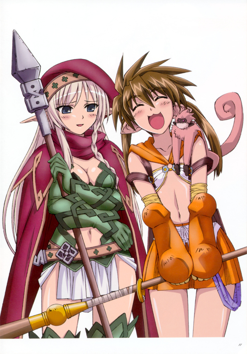 :3 :d ^_^ absurdres alleyne_(queen's_blade) animal animal_on_shoulder artist_request bangs belt beltskirt beret blue_eyes blush braid breasts brown_hair buckle cape capelet cleavage closed_eyes cowboy_shot crop_top elbow_gloves elf flat_chest gloves green_legwear hair_between_eyes happy hat highres holding leaning long_hair long_pointy_ears midriff miniskirt monkey multiple_girls navel nowa open_mouth page_number pleated_skirt pointy_ears polearm queen's_blade ruu_(queen's_blade) scan side_braid side_slit sidelocks silver_hair simple_background single_braid skirt smile spear spiked_hair staff standing thighhighs twintails very_long_hair weapon