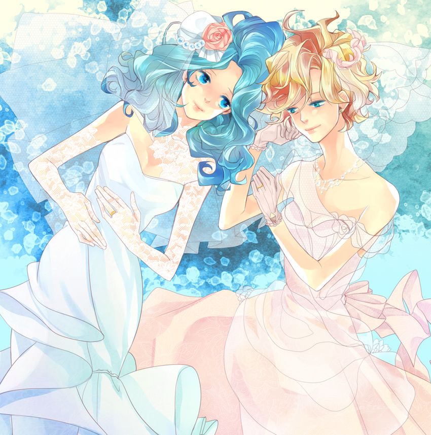 bad_id bad_pixiv_id bare_shoulders bishoujo_senshi_sailor_moon blue_eyes dodam_v dress flower formal gloves highres jewelry kaiou_michiru lace multiple_girls necklace off_shoulder ring rose see-through short_hair smile ten'ou_haruka veil very_short_hair wedding_band wedding_dress white_dress white_gloves