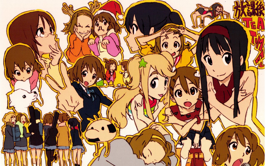 6+girls akiyama_mio black_hair brown_eyes brown_hair forehead glasses hat hirasawa_yui k-on! kotobuki_tsumugi long_hair multiple_girls nakano_azusa pantyhose santa_hat school_uniform short_hair skirt sleeping sushio tainaka_ritsu v yamanaka_sawako