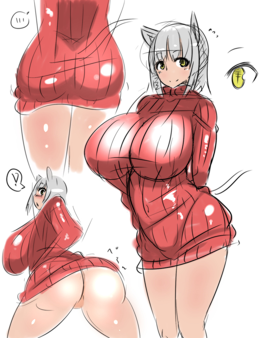 1girl animal_ears ass bottomless breasts cat_ears female highres huge_breasts multiple_persona no_panties ribbed_sweater short_hair silver_hair simple_background sketch solo standing sweater tensai427 white_background yellow_eyes