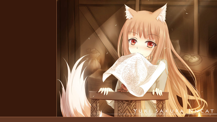 animal_ears artist_name bread brown_hair chair food highres holo indoors jar jewelry long_hair looking_at_viewer necklace nncat paper plate pouch red_eyes sack sitting sitting_backwards solo spice_and_wolf table tail upper_body wallpaper wolf_ears wolf_tail