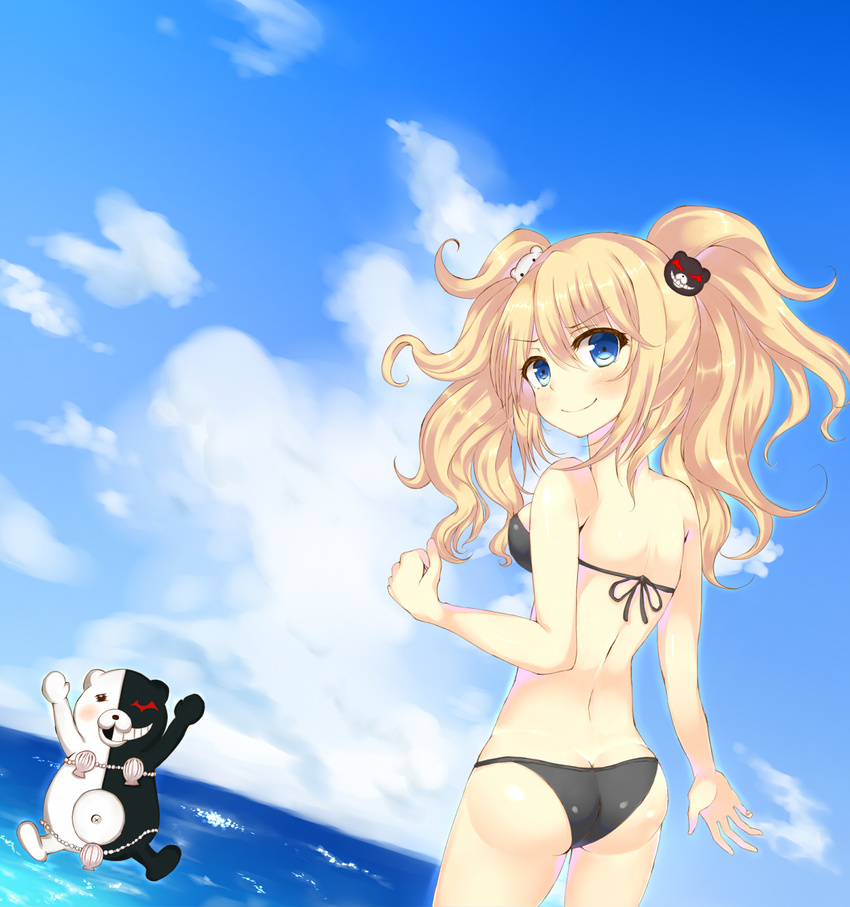 1girl ass bear_hair_ornament bikini blonde_hair blue_eyes blush breasts danganronpa danganronpa_1 enoshima_junko hair_ornament highres long_hair looking_back monokuma niratani_fumihiko ocean shell shell_bikini sideboob smile swimsuit tsukasawa117 twintails water