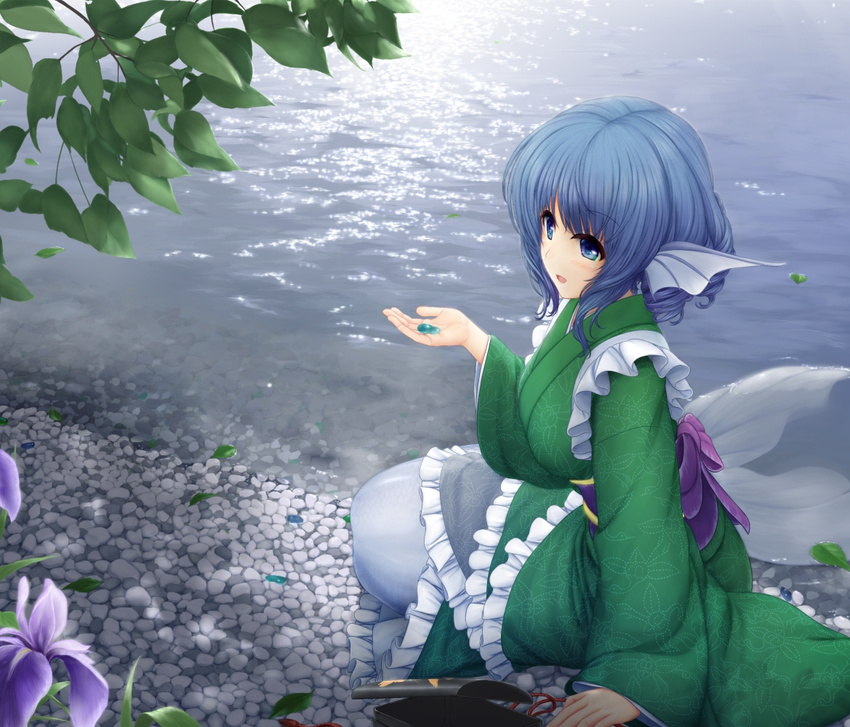 animal_ears blue_eyes blue_hair blush head_fins japanese_clothes long_sleeves mermaid miyakouji monster_girl obi open_mouth rock sash short_hair smile solo touhou wakasagihime water wide_sleeves