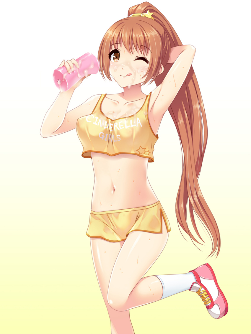 :p arm_up armpits artificial_vagina blush breasts brown_eyes brown_hair crop_top crop_top_overhang cum cum_on_body cum_on_breasts cum_on_upper_body facial hair_ornament highres idolmaster idolmaster_cinderella_girls leg_up long_hair looking_at_viewer medium_breasts midriff navel one_eye_closed ponytail shorts smile solo sweat tank_top tongue tongue_out totokichi very_long_hair wakabayashi_tomoka