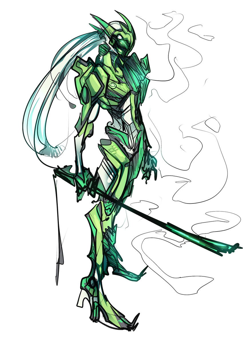 glowing glowing_eyes green_eyes highres maniacpaint no_humans original ponytail robot solo sword visor weapon white_hair