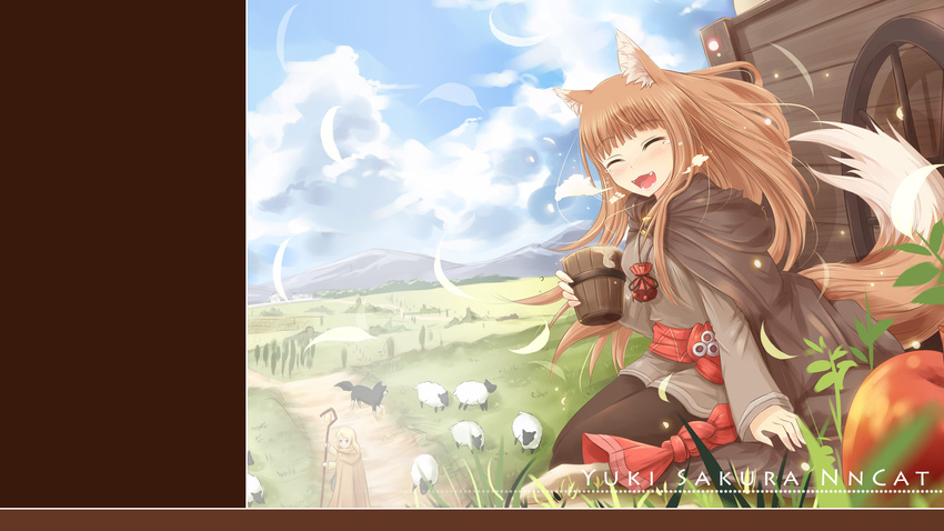 animal_ears apple artist_name blonde_hair blush brown_hair cape cloud cloudy_sky cup day dog drink enekk fang food fruit grass ground_vehicle highres holo jewelry long_hair mountain multiple_girls necklace nncat nora_arento open_mouth outdoors pouch road sash sheep sky smile spice_and_wolf staff sunlight tail wagon wallpaper wind wolf_ears wolf_tail