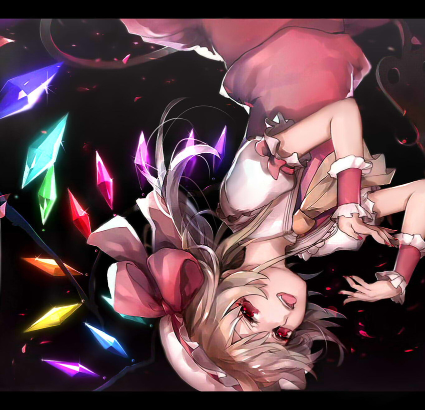 ayatoki-1 blonde_hair blush crystal fang flandre_scarlet hat highres laevatein letterboxed md5_mismatch open_mouth petals red_eyes ribbon short_hair short_sleeves side_ponytail skirt smile solo touhou upside-down vest wings