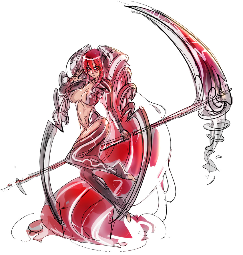 absurdly_long_hair bodysuit breasts full_body headgear highres huge_weapon large_breasts long_hair maniacpaint original red_eyes red_hair scythe solo toeless_legwear very_long_hair weapon white_background