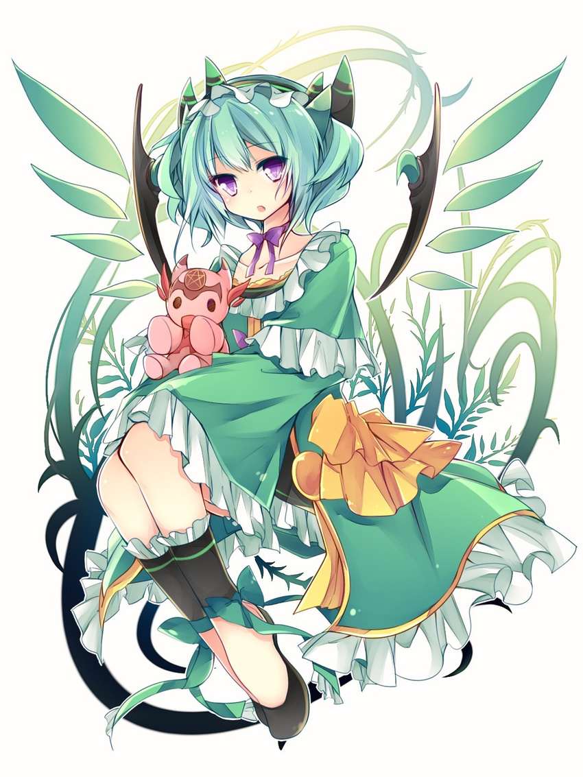 aqua_hair astaroth_(p&amp;d) cauchemar_(p&amp;d) doll dress green_dress highres leeannpippisum looking_at_viewer open_mouth purple_eyes puzzle_&amp;_dragons short_hair solo wings