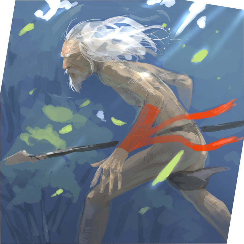 arm_ribbon bad_id bad_pixiv_id beard eyebrows facial_hair goatee highres hunting ladic loincloth long_hair male_focus manly mustache old_man original polearm ribbon sketch solo spear weapon white_hair