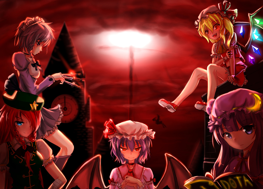 arm_holding ascot bai_yemeng bandages bare_legs bat_wings between_fingers blonde_hair blouse blue_eyes book bow braid breasts clock clock_tower crescent expressionless fang flandre_scarlet hair_bow hair_over_one_eye hands_together hat hat_ribbon highres hong_meiling izayoi_sakuya kirisame_marisa knife lavender_hair light long_hair long_sleeves looking_at_viewer looking_down maid_headdress mary_janes medium_breasts mob_cap multiple_girls no_socks open_book open_mouth patchouli_knowledge profile purple_eyes purple_hair red_eyes red_hair red_sky remilia_scarlet ribbon scarlet_devil_mansion shoes short_hair short_sleeves side_ponytail silver_hair sitting skirt skirt_set sky slit_pupils smile star touhou tower twin_braids vest wings wrist_cuffs