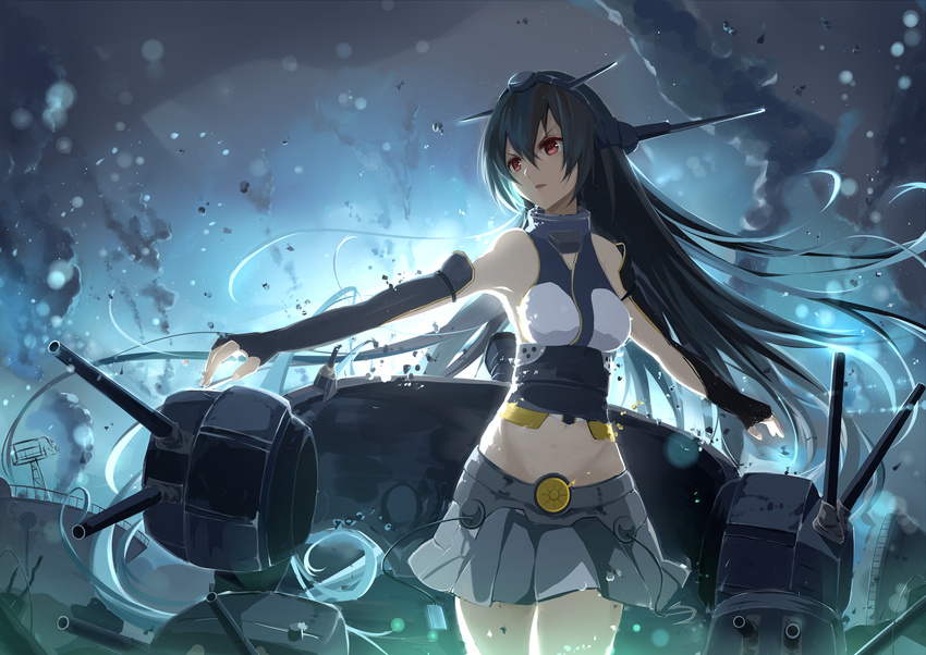 bare_shoulders black_gloves cannon cowboy_shot debris dust elbow_gloves fingerless_gloves gloves glowing grey_skirt headgear hidaka_kouyou highres kantai_collection long_hair looking_to_the_side machinery midriff nagato_(kantai_collection) pleated_skirt skirt standing turret vest weapon