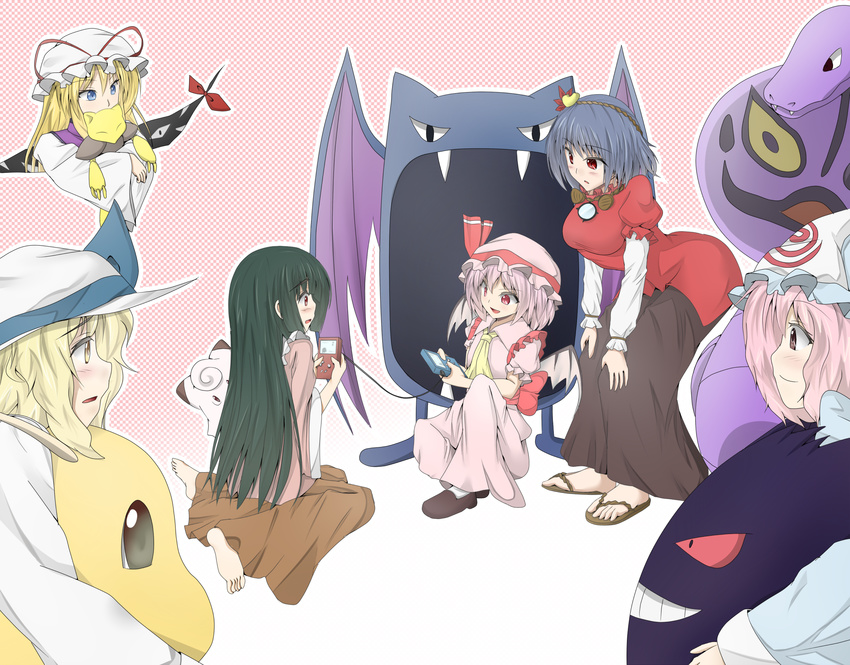 abra arbok barefoot bat_wings black_hair blonde_hair blue_eyes blue_hair clefairy crossed_arms crossover dragonite fangs game_boy gap gen_1_pokemon gengar golbat handheld_game_console hat highres houraisan_kaguya link_cable long_hair multiple_girls open_mouth pink_eyes pink_hair pokemon pokemon_(creature) red_eyes remilia_scarlet saigyouji_yuyuko sandals shamisen_(syami_sen) short_hair sitting skirt skirt_set smile touhou triangular_headpiece wariza watatsuki_no_toyohime wings yakumo_yukari yasaka_kanako yellow_eyes