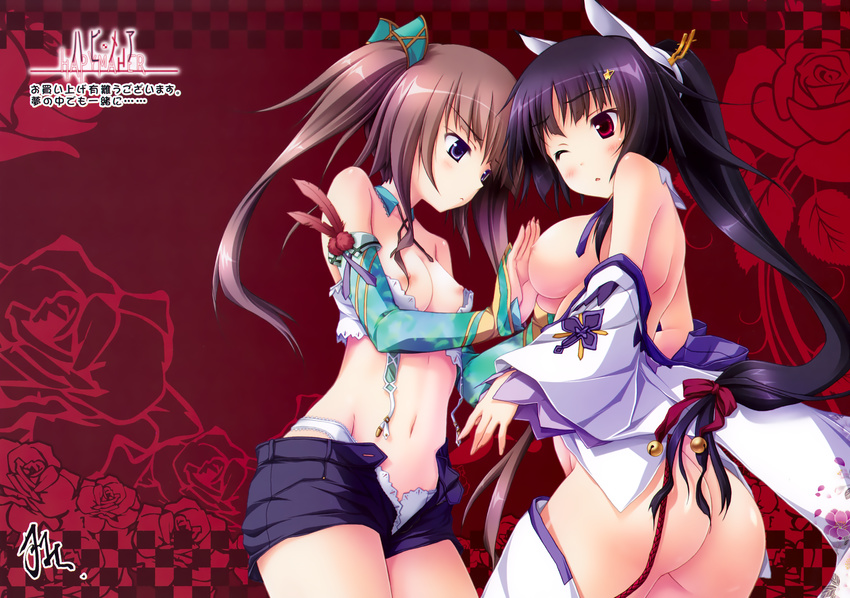 absurdres ass blush breast_grab breasts brown_hair detached_sleeves grabbing hapymaher hasuno_saki highres hirasaka_keiko large_breasts long_hair medium_breasts multiple_girls nipples no_panties open_clothes open_mouth open_shirt panties red_eyes shiny shiny_skin shirt tsukimori_hiro twintails underwear white_panties