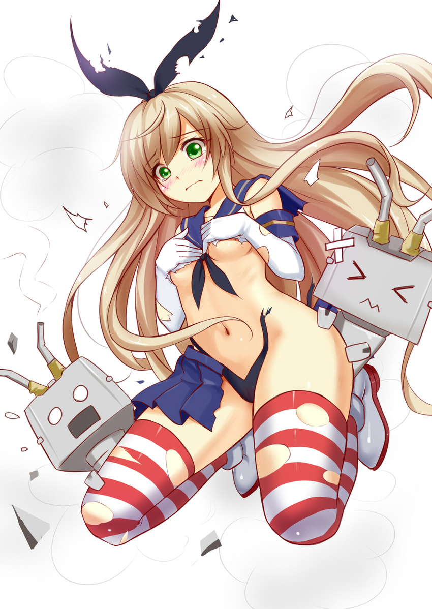 &gt;_&lt; beiyu black_panties blush breasts brown_hair closed_eyes covering covering_breasts elbow_gloves embarrassed gloves green_eyes hairband highres kantai_collection long_hair looking_at_viewer medium_breasts navel o_o panties rensouhou-chan shimakaze_(kantai_collection) skirt striped striped_legwear tears thighhighs torn_clothes torn_legwear torn_skirt underboob underwear