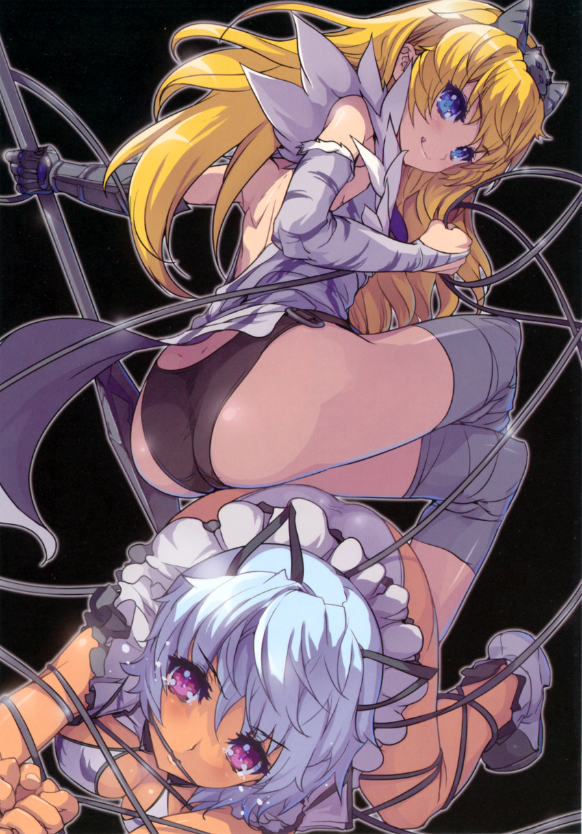 :q absurdres akaga_hirotaka blonde_hair blue_eyes blue_hair breasts elbow_gloves elina femdom gloves hairband highres irma long_hair maid_headdress medium_breasts multiple_girls panties purple_eyes queen's_blade restrained scan sitting sitting_on_person smile tongue tongue_out underwear