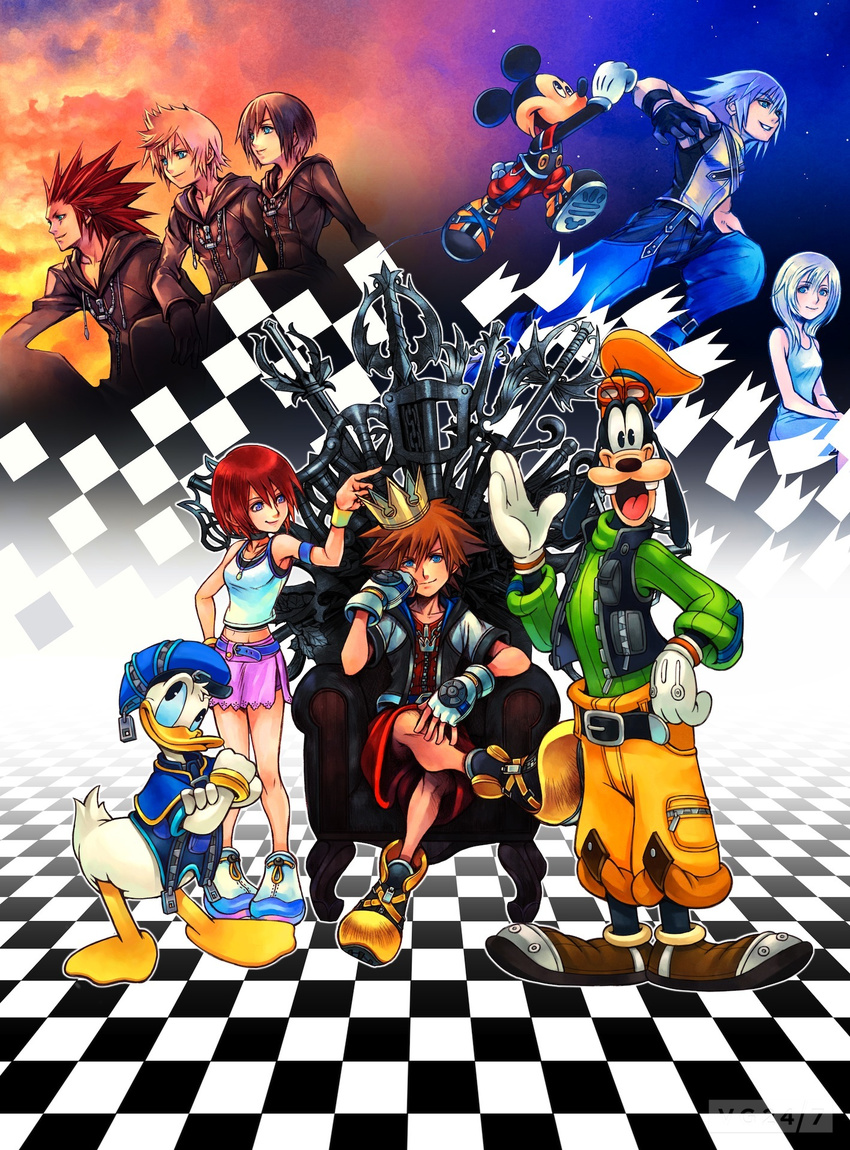 6+boys axel_(kingdom_hearts) black_coat_(kingdom_hearts) cloak crown disney donald_duck furry goofy highres kairi_(kingdom_hearts) kingdom_hearts kingdom_hearts_358/2_days kingdom_hearts_chain_of_memories looking_at_viewer mickey_mouse multiple_boys multiple_girls namine nomura_tetsuya official_art riku roxas sitting smile sora_(kingdom_hearts) spiked_hair square_enix throne xion_(kingdom_hearts)