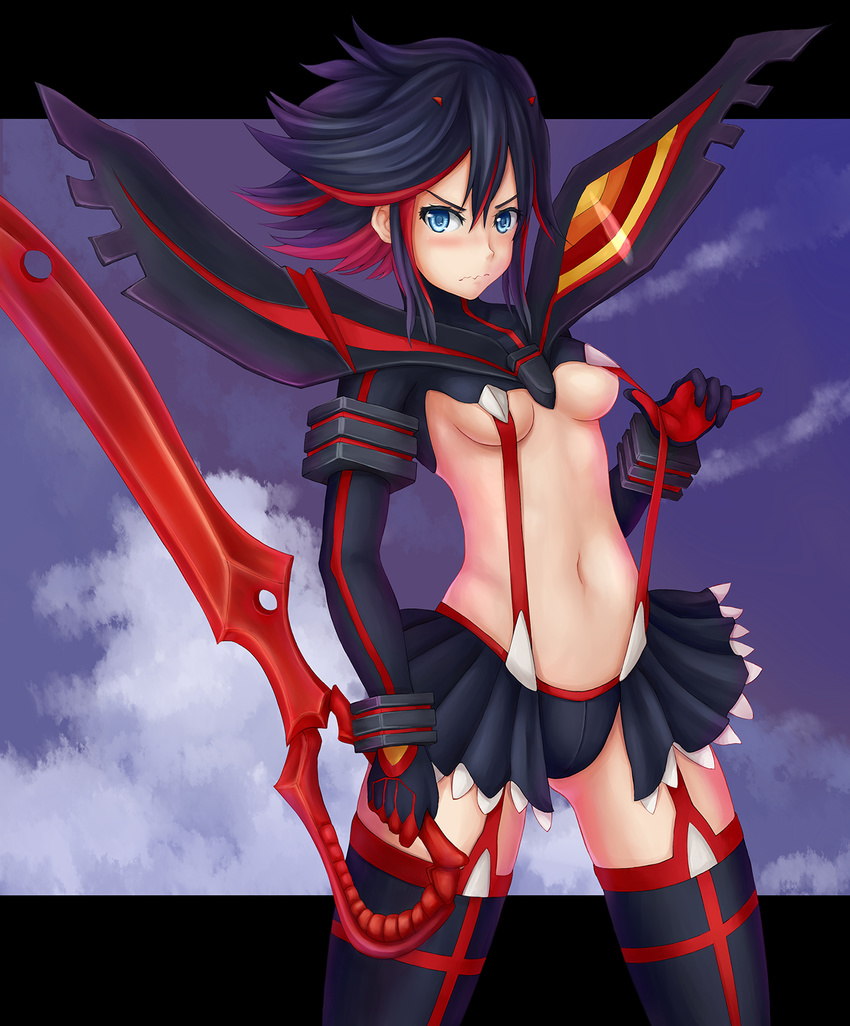 black_hair blue_eyes blush breasts cloud embarrassed hairpods highres kill_la_kill matoi_ryuuko medium_breasts multicolored_hair navel red_hair revealing_clothes scissor_blade senketsu short_hair skirt sky suspenders sword thighhighs two-tone_hair underboob wavy_mouth weapon willgoon