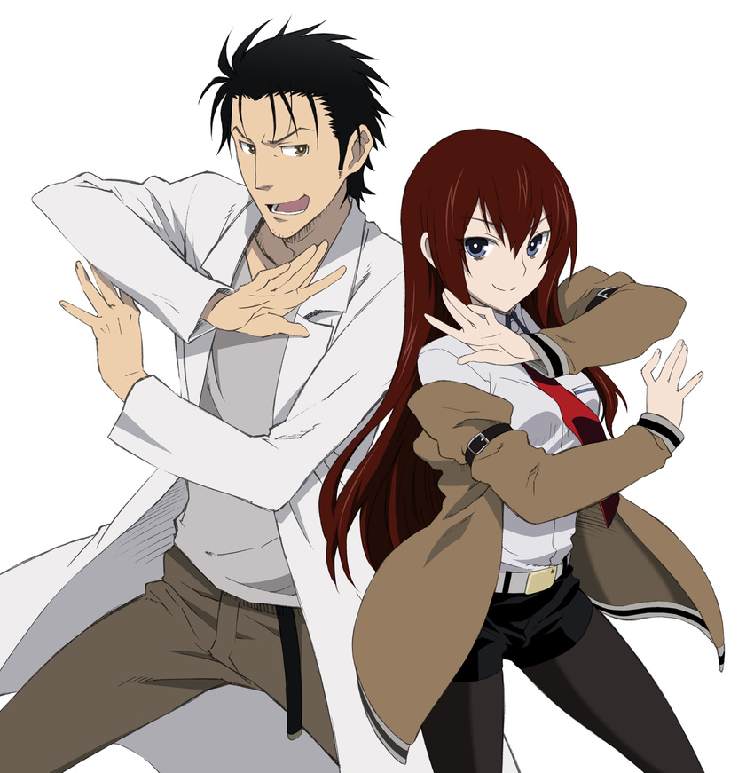 1girl belt black_hair brown_eyes brown_hair buckle eye_contact highres jacket labcoat legwear_under_shorts long_hair looking_at_another makise_kurisu necktie okabe_rintarou open_mouth pantyhose pose purple_eyes red_neckwear short_hair shorts shoumaru_(gadget_box) simple_background smile steins;gate white_background