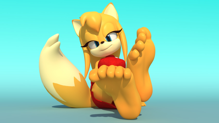 2019 3d_(artwork) 5_toes absurd_res anthro barefoot black_nose blue_eyes canid canine clothing digital_media_(artwork) dipstick_tail feet female foot_focus fox fur half-closed_eyes hi_res humanoid_feet mammal multicolored_tail sja1986 smile soles solo sonic_(series) sonic_boom toes white_fur yellow_fur zooey_the_fox