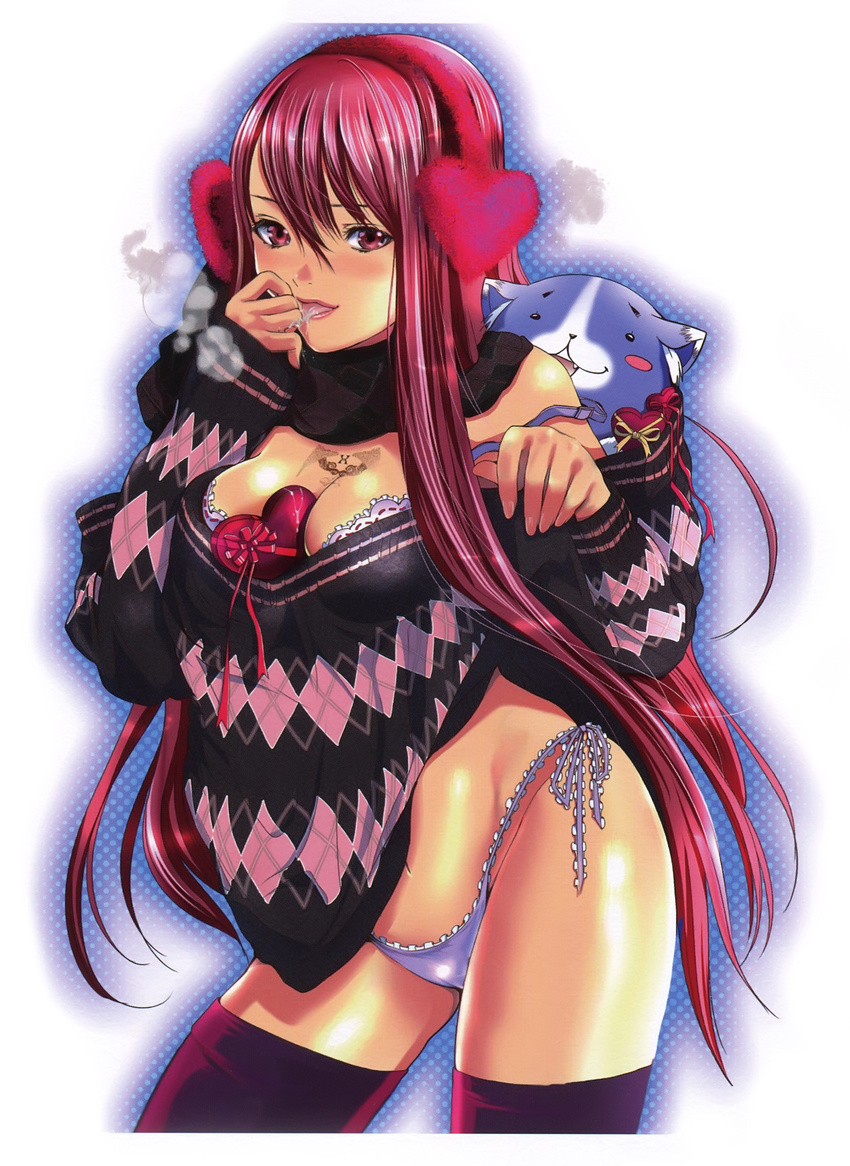 absurdres between_breasts breasts dog highres holy_knight kishimoto_lilith lipstick long_hair makeup medium_breasts miyazaki_maya panties plum_(holy_knight) red_eyes red_hair saliva side-tie_panties smile solo sweater tattoo thighhighs tongue underwear very_long_hair