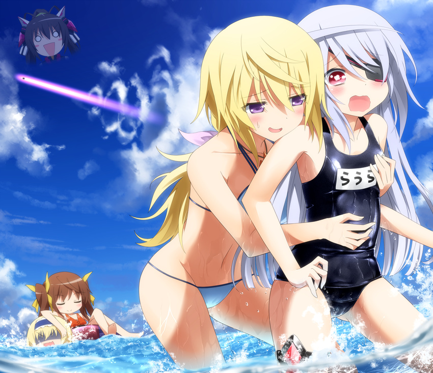 :d bikini blonde_hair blush brown_hair cecilia_alcott charlotte_dunois closed_eyes eyepatch grabbing grabbing_from_behind hair_ribbon hairband haribote_(tarao) huang_lingyin infinite_stratos laura_bodewig long_hair multiple_girls navel no_eyes o_o ocean one-piece_swimsuit open_mouth partially_submerged purple_eyes red_eyes ribbon school_swimsuit shaded_face shinonono_houki shiny shiny_clothes smile swimsuit twintails water wavy_mouth wet yuri