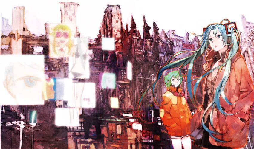 blue_eyes blue_hair coat goggles goggles_around_neck green_hair gumi hands_in_pockets hatsune_miku highres jacket long_hair multiple_girls shorts smile toi8 twintails vocaloid