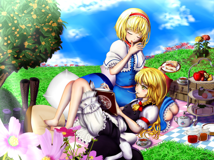 alice_margatroid ankle_boots apple apron barefoot blanket blonde_hair bloomers blue_sky blueberry book boots bow braid cake capelet cheesecake closed_eyes cloud cup day dress finger_licking flower flower_request food footwear_removed fruit grass grimoire hair_bow hairband hat hat_removed hat_ribbon headwear_removed hexagram kirisame_marisa kiwifruit knee_boots licking light_rays lolita_hairband long_hair lying_on_lap macaron magic_circle multiple_girls open_book outdoors picnic pillow plate pudding puffy_short_sleeves puffy_sleeves reading redoredo_(godprogress) ribbon sandwich sash short_hair short_sleeves single_braid sitting skirt skirt_set sky spider_lily spoon_in_mouth strawberry sunbeam sunlight tea_set teacup teapot touhou underwear waist_apron witch_hat yellow_eyes yokozuwari
