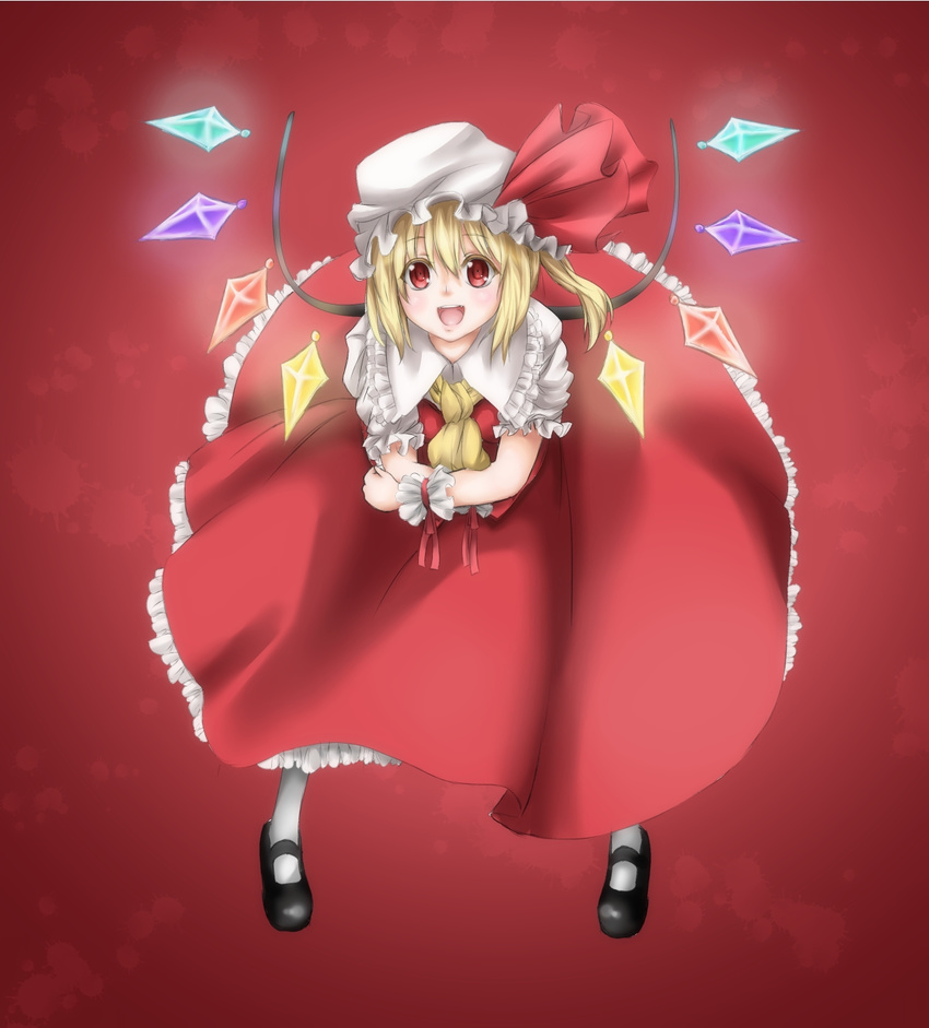 bad_id bad_pixiv_id blonde_hair flandre_scarlet from_above hat hat_ribbon highres red_eyes ribbon ruuto_(sorufu) side_ponytail solo touhou wings