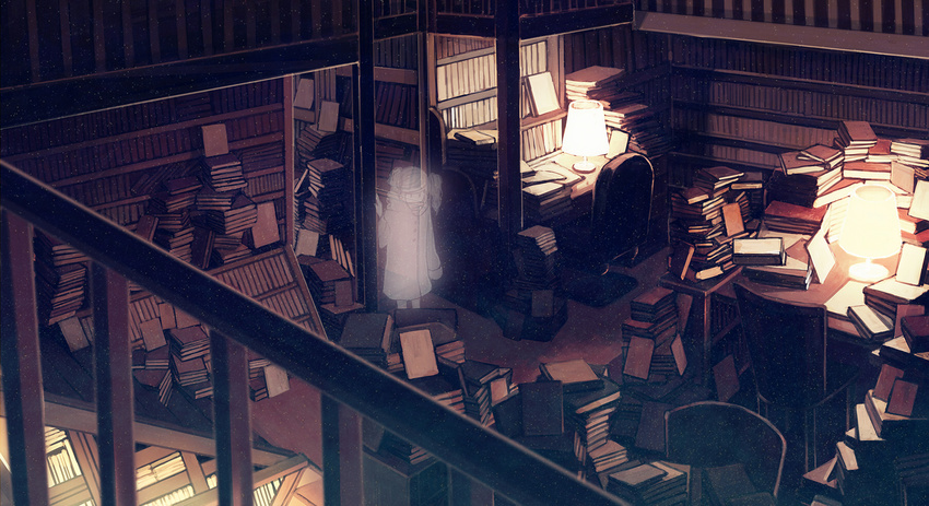 book book_stack bookshelf chair coat ghost highres lamp library original railing solo stairs too_many too_many_books transparent twintails wattaro