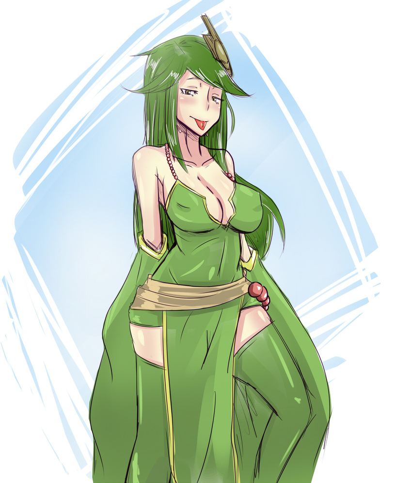 :p bad_id bad_pixiv_id breasts detached_sleeves dress grandmastag green_eyes green_hair green_legwear hair_ornament highres large_breasts lily_(mon-musu_quest!) long_hair mon-musu_quest! solo tongue tongue_out