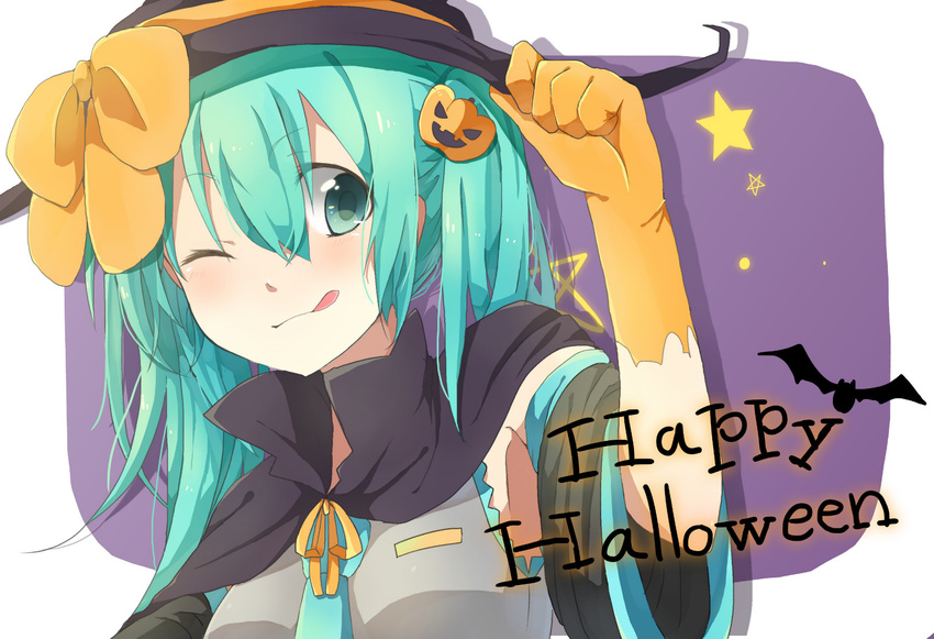 ;q cape detached_sleeves elbow_gloves gloves green_eyes green_hair halloween hat hatsune_miku highres long_hair maiteru necktie one_eye_closed solo tongue tongue_out vocaloid