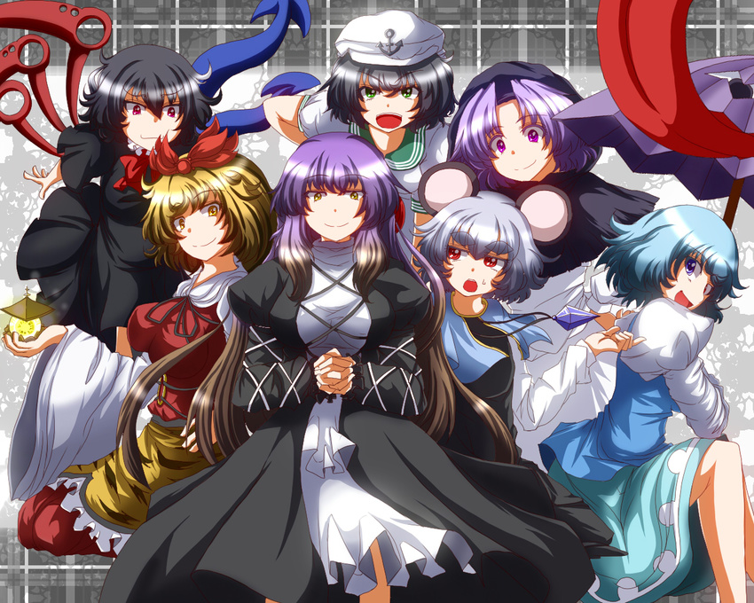 animal_ears animal_print asymmetrical_wings bishamonten's_pagoda black_hair blonde_hair blue_eyes blue_hair breasts closed_mouth dress everyone eyebrows frills gradient_hair green_eyes hair_ornament hands_clasped hat heterochromia hijiri_byakuren hood houjuu_nue jewelry kumoi_ichirin large_breasts lavender_hair leaning_forward long_hair long_skirt long_sleeves mouse_ears mouse_tail multicolored_hair multiple_girls murasa_minamitsu nazrin necktie open_mouth own_hands_together pendant pendulum puffy_long_sleeves puffy_sleeves purple_eyes purple_hair red_eyes sailor sailor_dress sailor_hat short_hair silver_hair skirt smile tail tatara_kogasa thick_eyebrows tiger_print tongue tongue_out toramaru_shou touhou umbrella undefined_fantastic_object wings yellow_eyes zan_(harukahime)