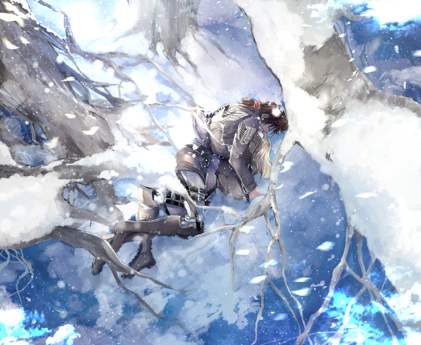 aunliuyez belt blonde_hair boots brown_hair christa_renz closed_eyes emblem hug jacket long_hair lying multiple_girls on_side paradis_military_uniform ponytail shingeki_no_kyojin short_hair snow survey_corps_(emblem) thigh_strap three-dimensional_maneuver_gear tree uniform ymir_(shingeki_no_kyojin) yuri