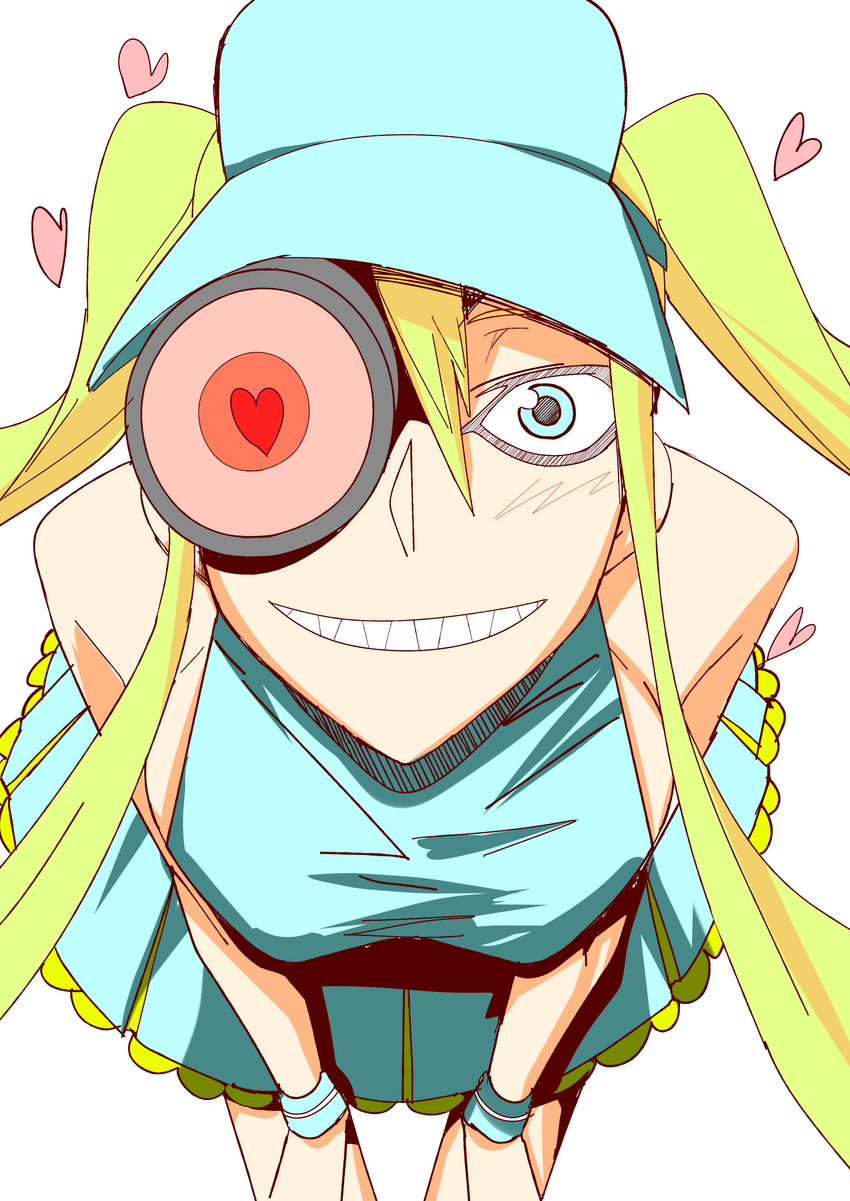 absurdres ball bare_shoulders blonde_hair blue_eyes blush breasts grin hakodate_omiko heart heart-shaped_pupils highres kill_la_kill leaning_forward long_hair medium_breasts scope sharp_teeth shinku_p smile solo symbol-shaped_pupils teeth tennis_ball twintails visor_cap