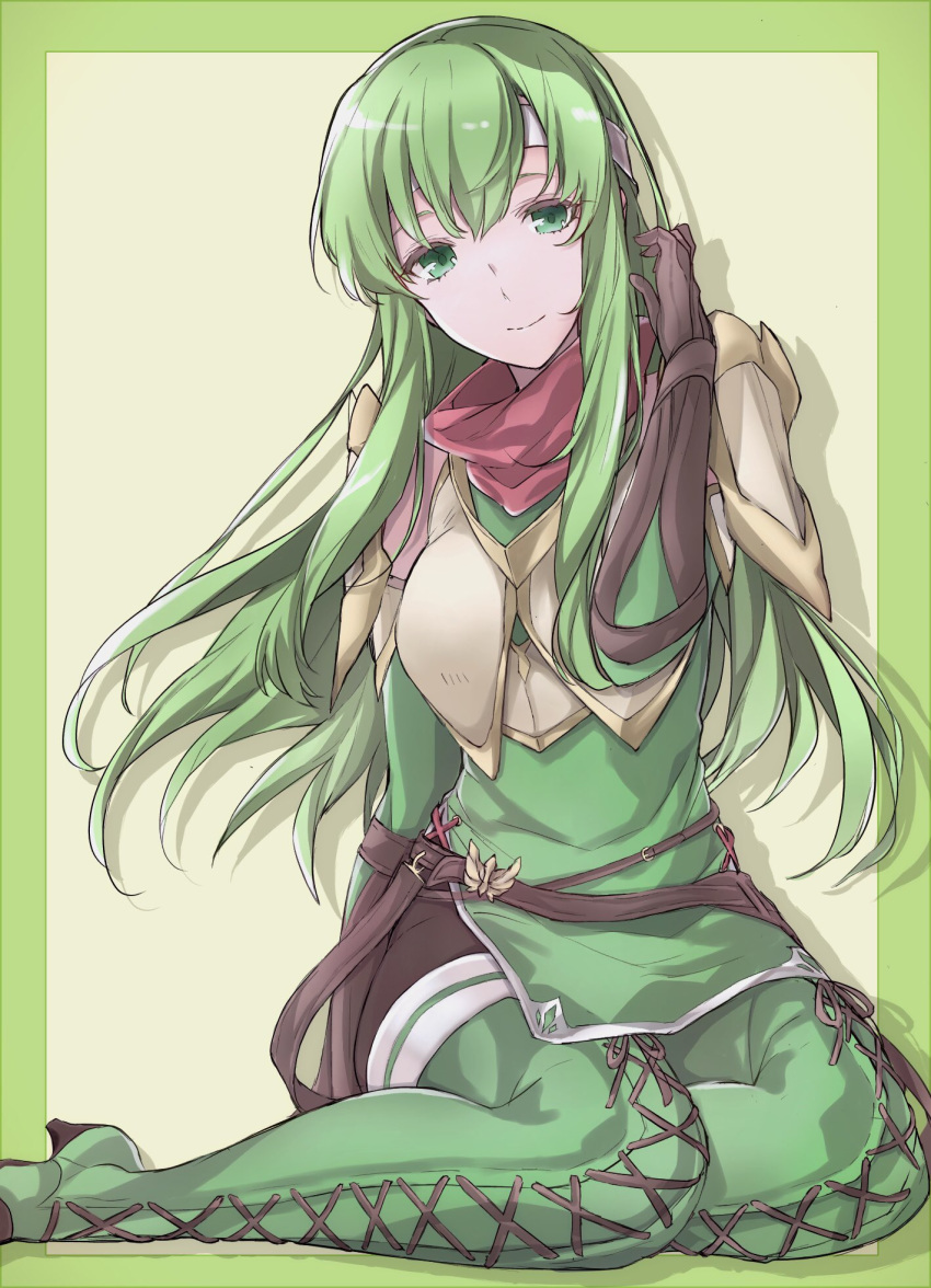 1girl aiueo1234853 belt breastplate closed_mouth fire_emblem fire_emblem:_monshou_no_nazo gloves green_eyes green_hair headband highres long_hair nintendo paola sitting smile solo white_headband