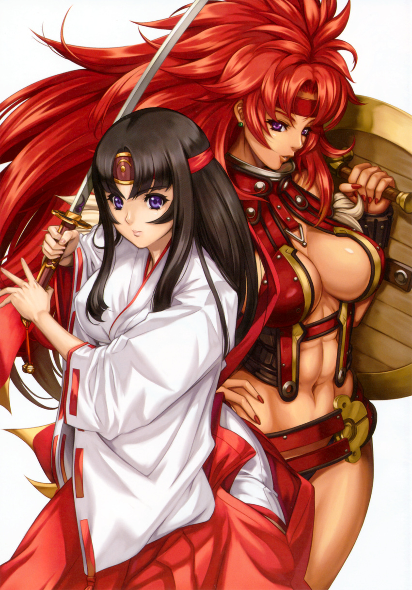 abs absurdres big_hair black_hair breasts eiwa hand_on_hip headband highres japanese_clothes large_breasts long_hair multiple_girls nail_polish official_art purple_eyes queen's_blade red_hair ribbon-trimmed_sleeves ribbon_trim risty scan shield sword tomoe underwear very_long_hair weapon