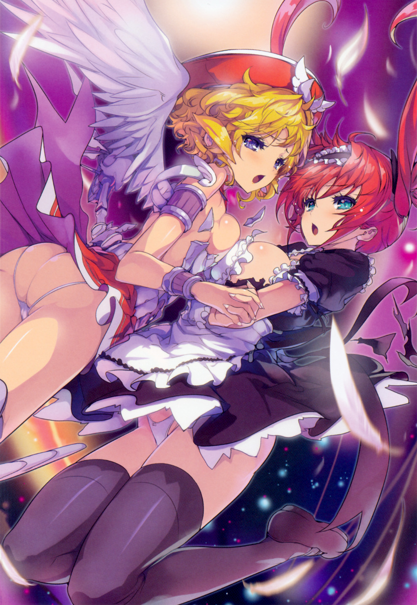 absurdres airi_(queen's_blade) akaga_hirotaka angel_wings armlet asymmetrical_docking black_legwear blonde_hair blue_eyes breast_press breastplate breasts chestnut_mouth feathered_wings feathers hat highres holding_hands laila_(queen's_blade) large_breasts maid maid_headdress medium_breasts multiple_girls open_mouth panties queen's_blade queen's_blade_rebellion red_hair scan shoes short_hair sideboob skirt thighhighs torn_clothes twintails underwear white_panties wings