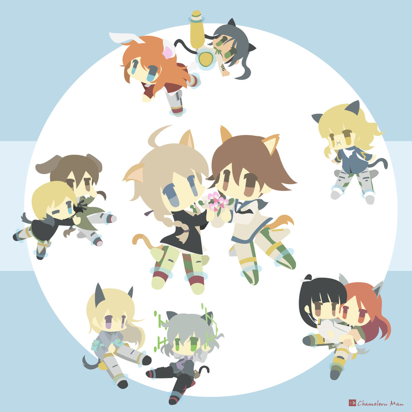 6+girls ahoge animal_ears artist_name bad_id bad_pixiv_id black_hair blonde_hair blue_eyes bouquet braid brown_eyes brown_hair bunny_ears carrying cat_ears cat_tail chameleon_man_(three) charlotte_e_yeager chibi dog_ears dog_tail eila_ilmatar_juutilainen erica_hartmann flat_color flower francesca_lucchini gertrud_barkhorn glasses green_eyes grey_hair highres hirschgeweih_antennas lynette_bishop minna-dietlinde_wilcke miyafuji_yoshika multiple_girls orange_hair pantyhose perrine_h_clostermann princess_carry purple_eyes sakamoto_mio sanya_v_litvyak strike_witches striker_unit tail watermark world_witches_series yellow_eyes