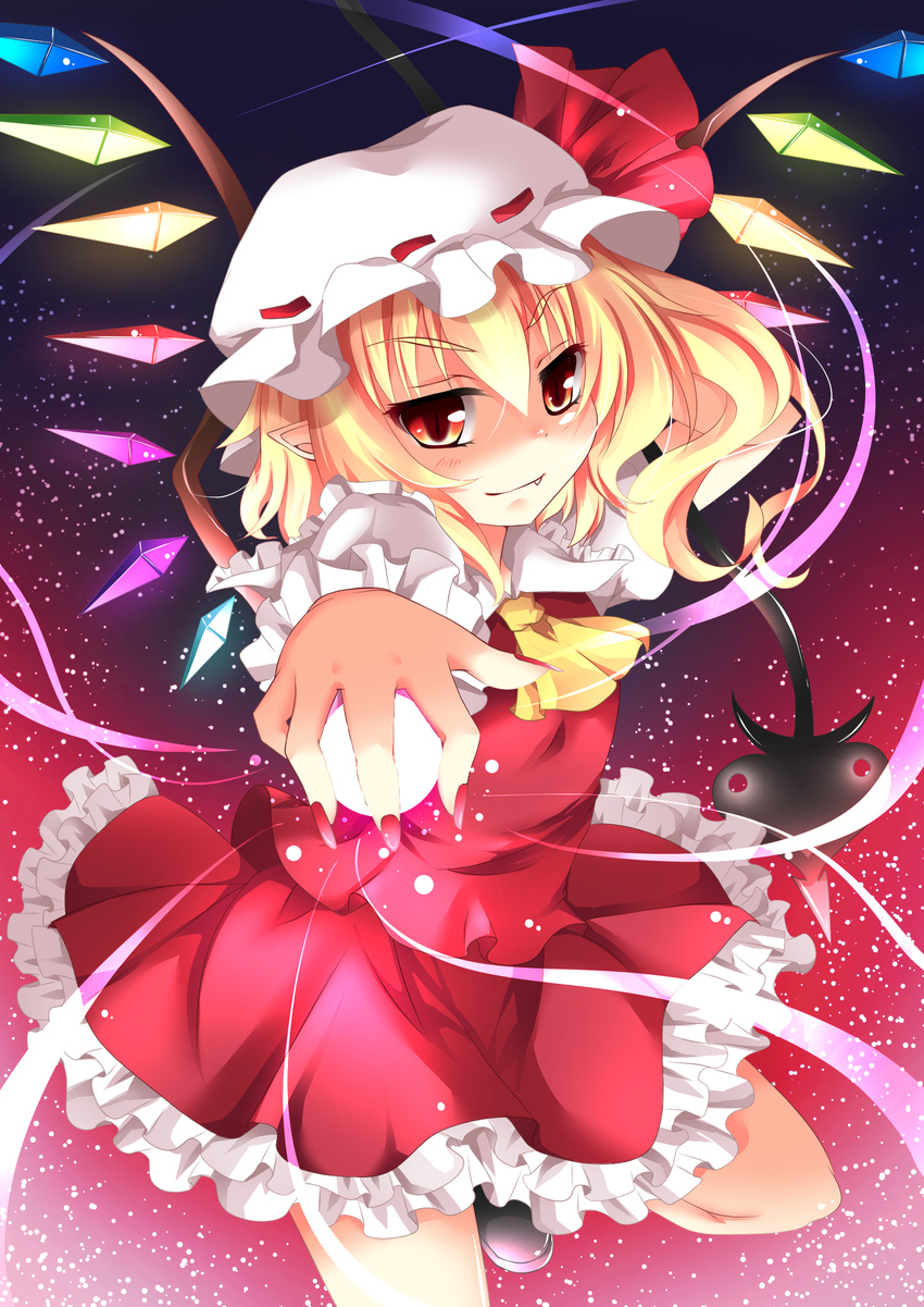 absurdres ascot blonde_hair blush crystal energy_ball fang flandre_scarlet hat highres miy@ red_eyes ribbon short_hair side_ponytail skirt smile solo touhou vest wings