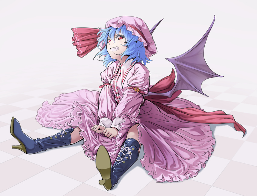 arm_belt bat_wings blue_hair boots cross-laced_footwear dress fang grin hat hat_ribbon high_heel_boots high_heels knee_boots lace-up_boots long_sleeves looking_at_viewer mob_cap pink_dress red_eyes remilia_scarlet ribbon sash sitting slit_pupils smile solo tile_floor tiles tkln touhou v_arms wings