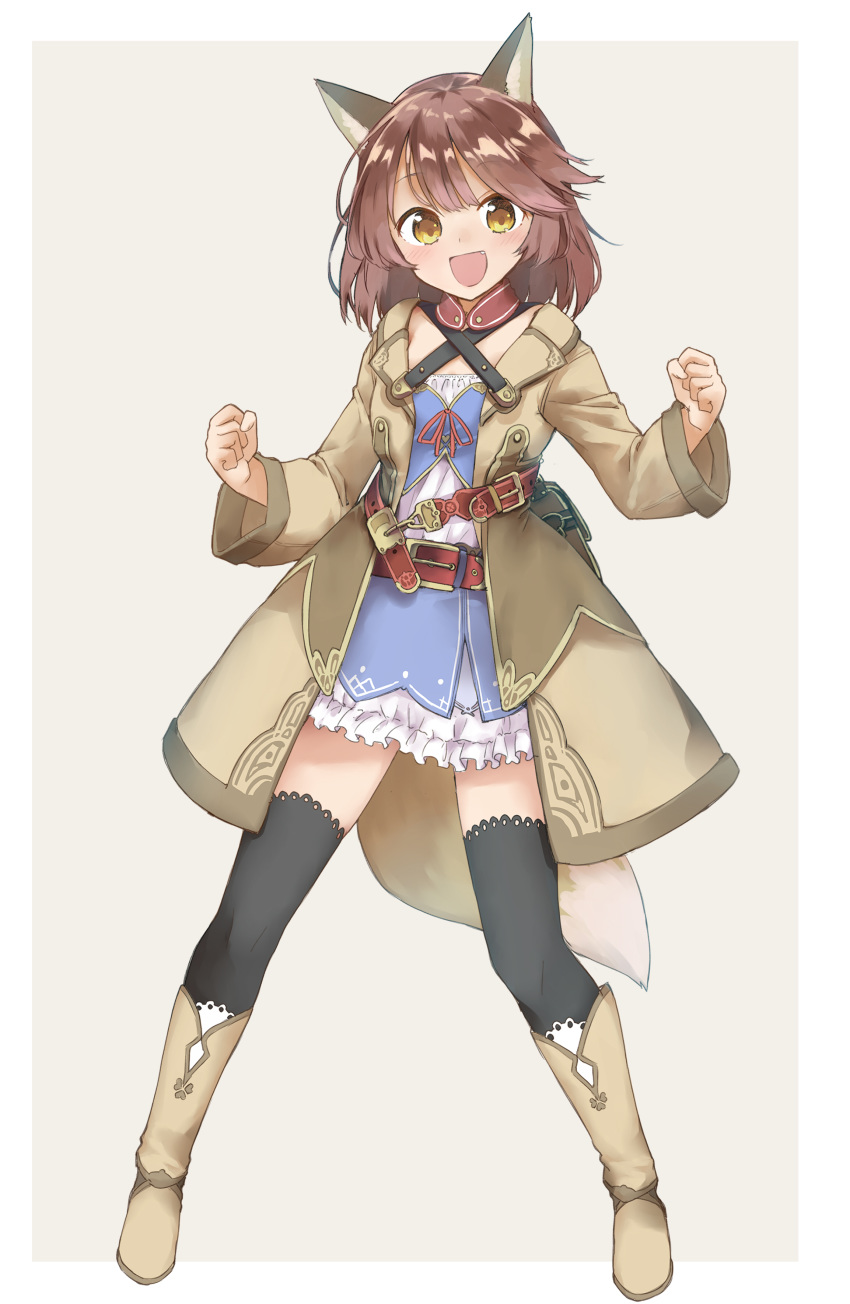 1girl :d absurdres amane_rosylily animal_ear_fluff animal_ears bangs belt belt_buckle black_legwear blush boots brown_background brown_belt brown_coat brown_eyes brown_footwear brown_hair buckle clenched_hands coat collarbone commentary_request criss-cross_halter dress eyebrows_visible_through_hair fang fox_ears fox_girl fox_tail halterneck highres knee_boots long_sleeves looking_at_viewer open_clothes open_coat open_mouth original sekira_ame smile solo standing tail thighhighs two-tone_background white_background white_dress