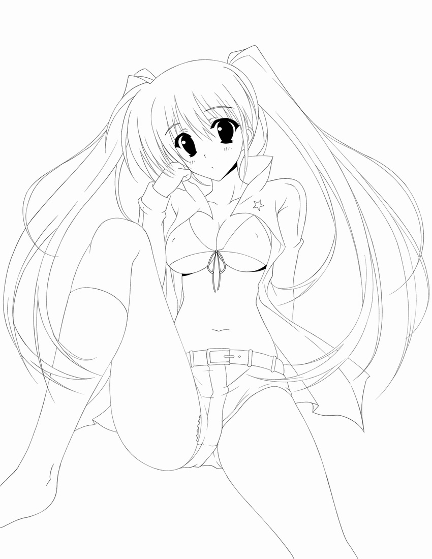 absurdres black_rock_shooter black_rock_shooter_(character) breasts cleavage covered_nipples greyscale highres large_breasts lineart long_hair looking_at_viewer monochrome oda_ken'ichi panties panty_peek solo star twintails underwear very_long_hair