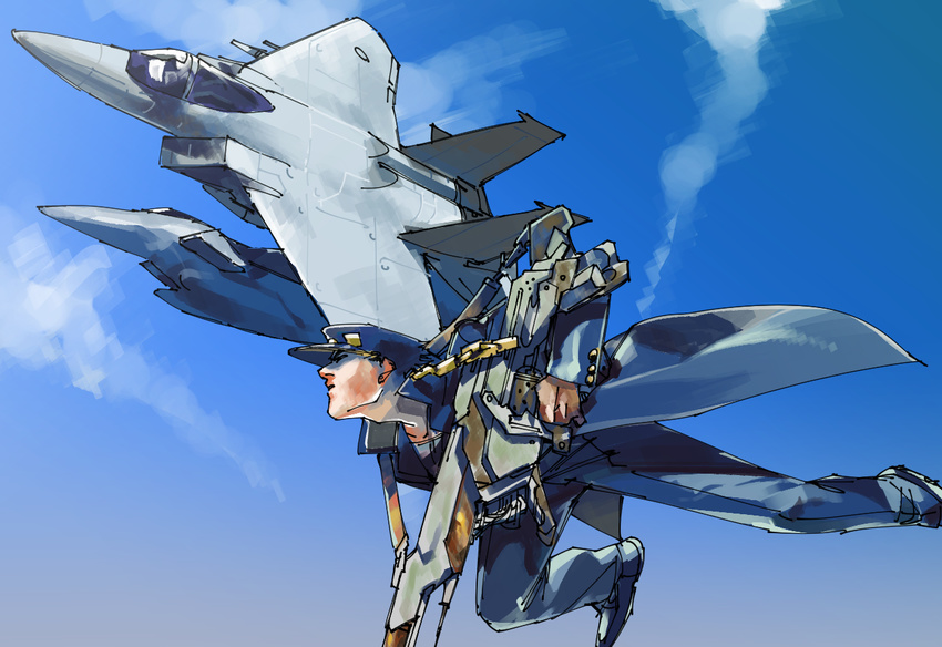 aircraft airplane day f-15_eagle gakuran gun hat jet jojo_no_kimyou_na_bouken kuujou_joutarou long_coat male_focus ojima_(ojimadou) school_uniform sky solo weapon