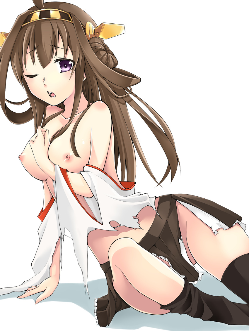 bad_id bad_pixiv_id breasts brown_hair detached_sleeves double_bun hair_ornament hairband highres japanese_clothes kantai_collection kongou_(kantai_collection) large_breasts long_hair looking_at_viewer miniskirt nipples nontraditional_miko pleated_skirt purple_eyes skirt solo torn_clothes yukinosora7