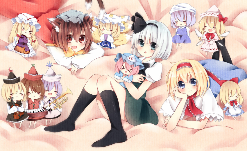 &gt;_&lt; :p alice_margatroid animal_ears black_legwear blonde_hair blue_hair blush bow brown_hair capelet cat_ears cat_tail chen chibi closed_eyes dress earrings everyone fang fox_tail hair_bow hairband hands_in_opposite_sleeves hat head_rest heart heart-shaped_pupils highres instrument jewelry keyboard_(instrument) konpaku_youmu letty_whiterock lily_white long_sleeves looking_at_viewer lunasa_prismriver lying lyrica_prismriver merlin_prismriver mitoki_6x6 multiple_girls multiple_tails on_stomach open_mouth perfect_cherry_blossom pink_hair red_eyes ribbon saigyouji_yuyuko shanghai_doll short_hair silver_hair sitting skirt smile socks symbol-shaped_pupils tail tongue tongue_out touhou trumpet violin widescreen yakumo_ran yakumo_yukari