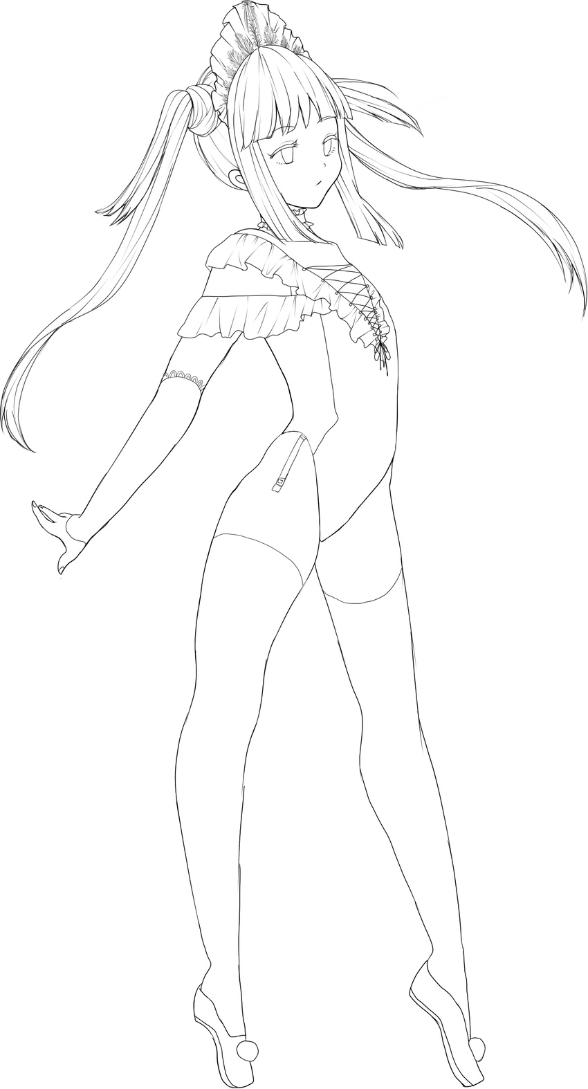 absurdres flat_chest greyscale highres kana_ria lineart long_hair monochrome original simple_background solo thighhighs tiptoes white_background