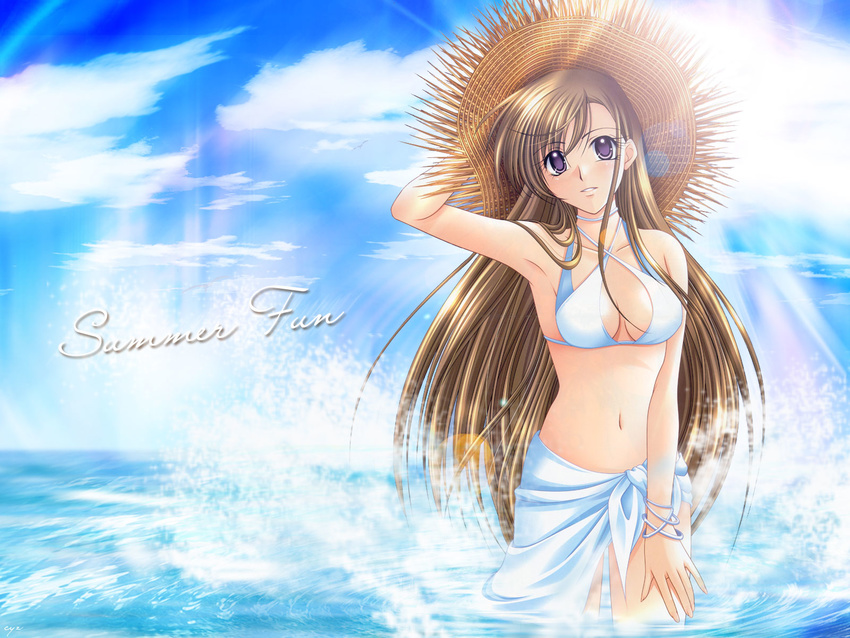 bikini brown_hair hat highres long_hair ocean purple_eyes sarong sea straw_hat summer swimsuit